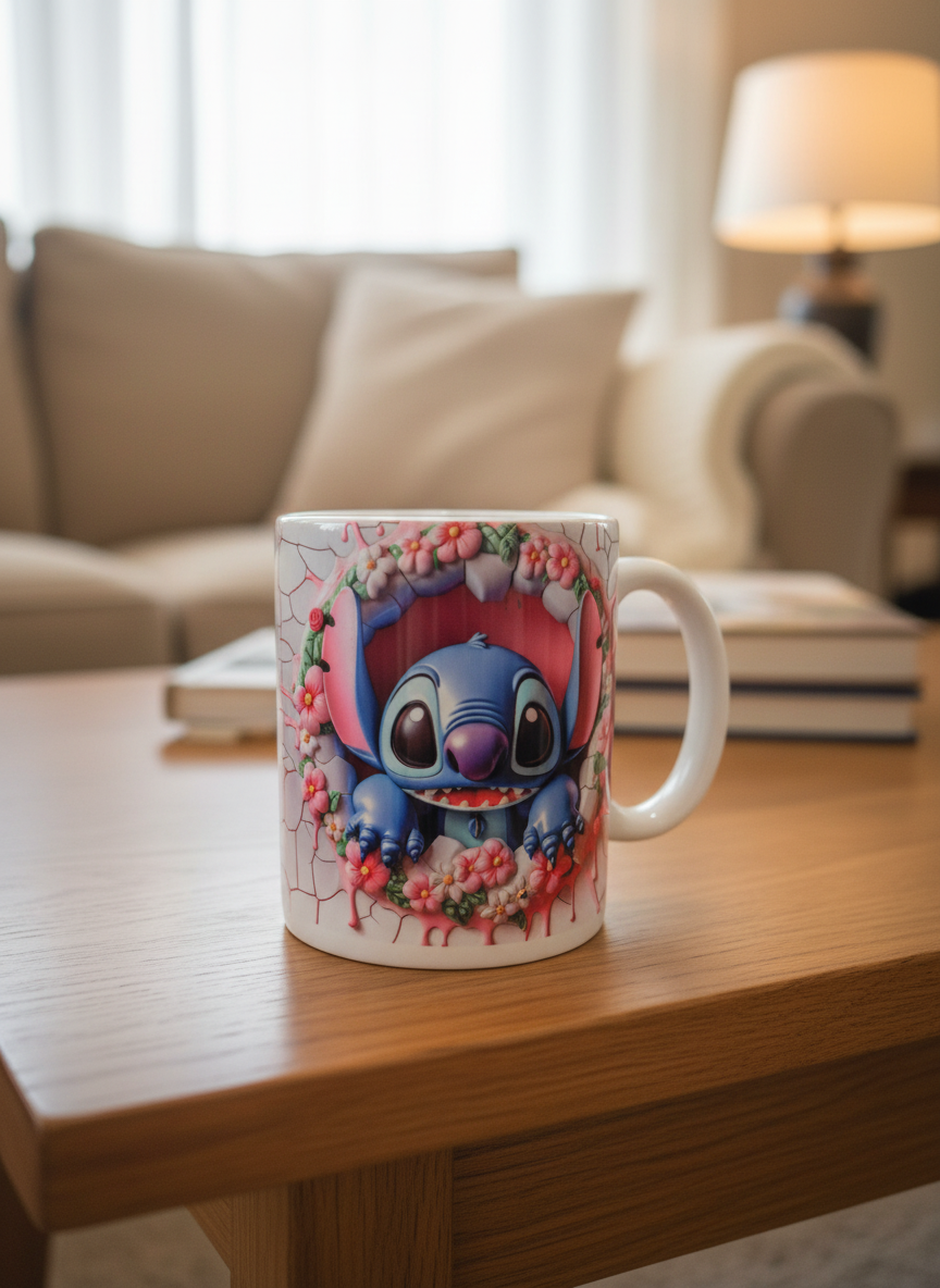 Caneca branca personalizada com estampa do Stitch e flores rosas - sublimação BG Personalizados