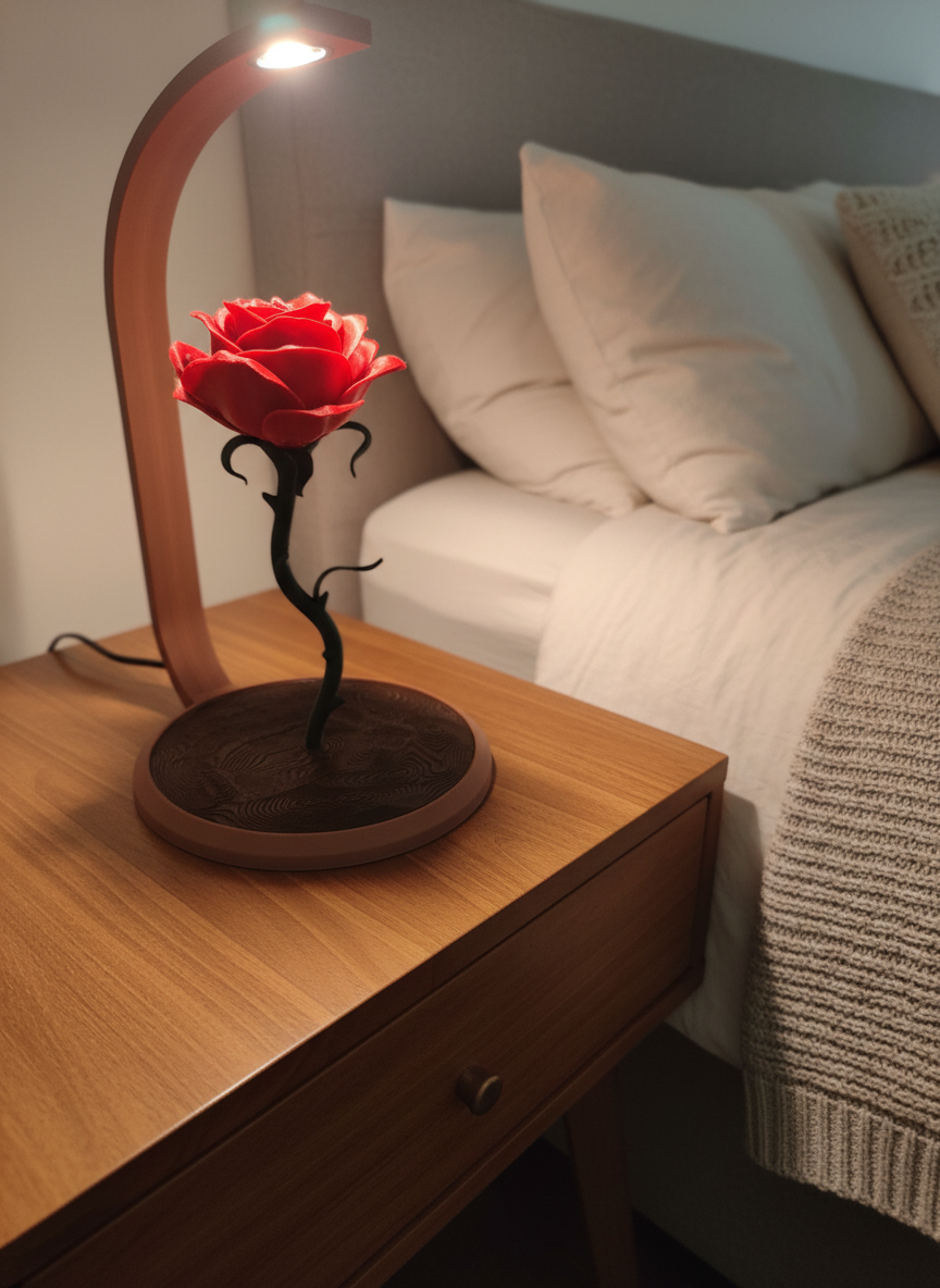 Luminária de cabeceira com rosa em impressão 3D